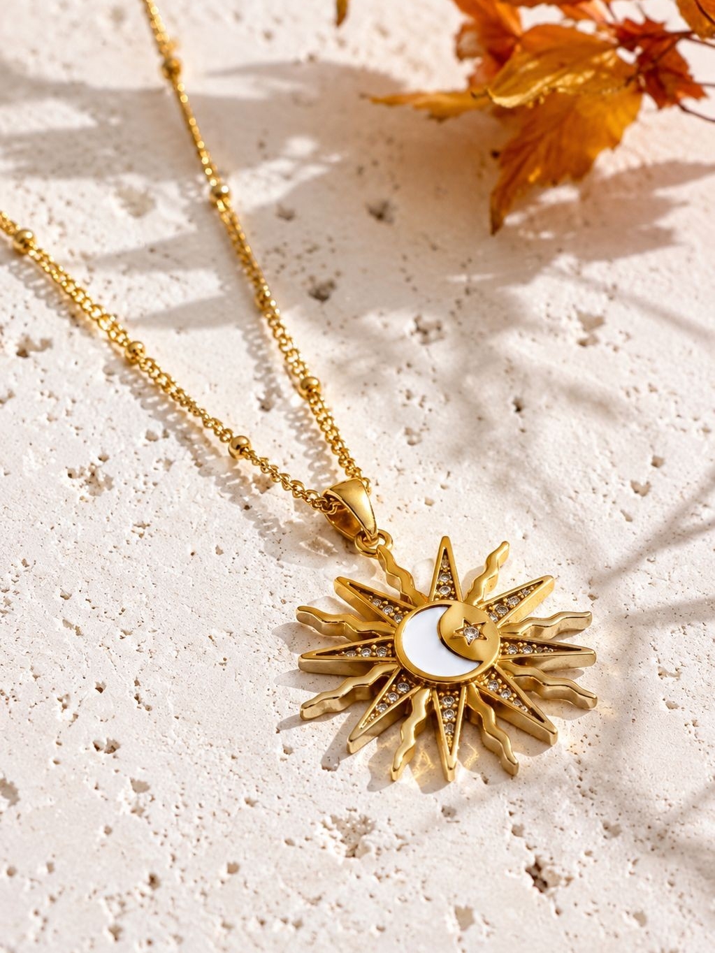 Gold Sun And Moon Pendant Necklace With White Enamel